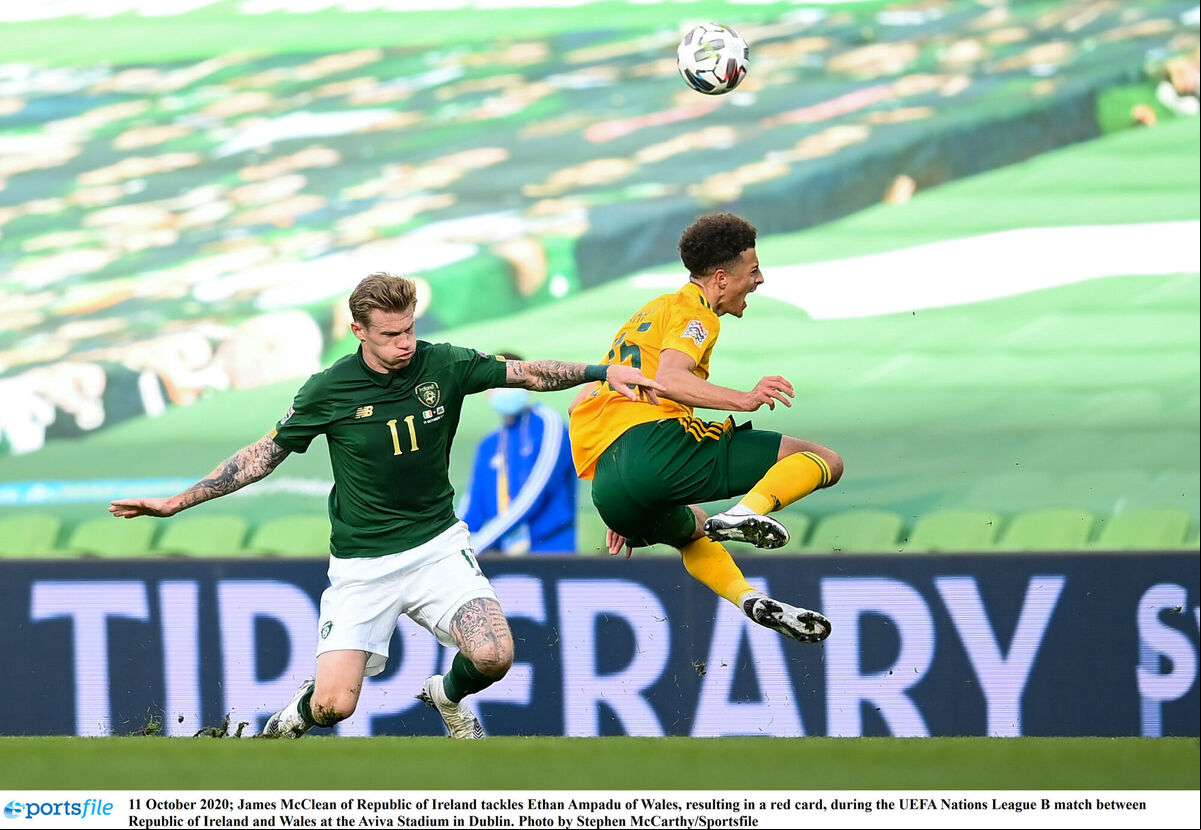 Ireland's James McClean fouls Ethan Ampadu of Wales, resulting in a red card, in their UEFA Nations League B match at the Aviva Stadium in Dublin. Picture: Stephen McCarthy/Sportsfile Ireland's James McClean fouls Ethan Ampadu of Wales, resulting in a red card, in their UEFA Nations League B match at the Aviva Stadium in Dublin. Picture: Stephen McCarthy/Sportsfile