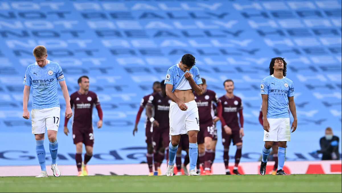 Manchester City's Kevin De Bruyne (left), Rodri (centre) and Nathan Ake look dejected after conceding a fifth goal during the Premier League match against Leicester City at the Etihad Stadium, Manchester. Manchester City's Kevin De Bruyne (left), Rodri (centre) and Nathan Ake look dejected after conceding a fifth goal during the Premier League match against Leicester City at the Etihad Stadium, Manchester.