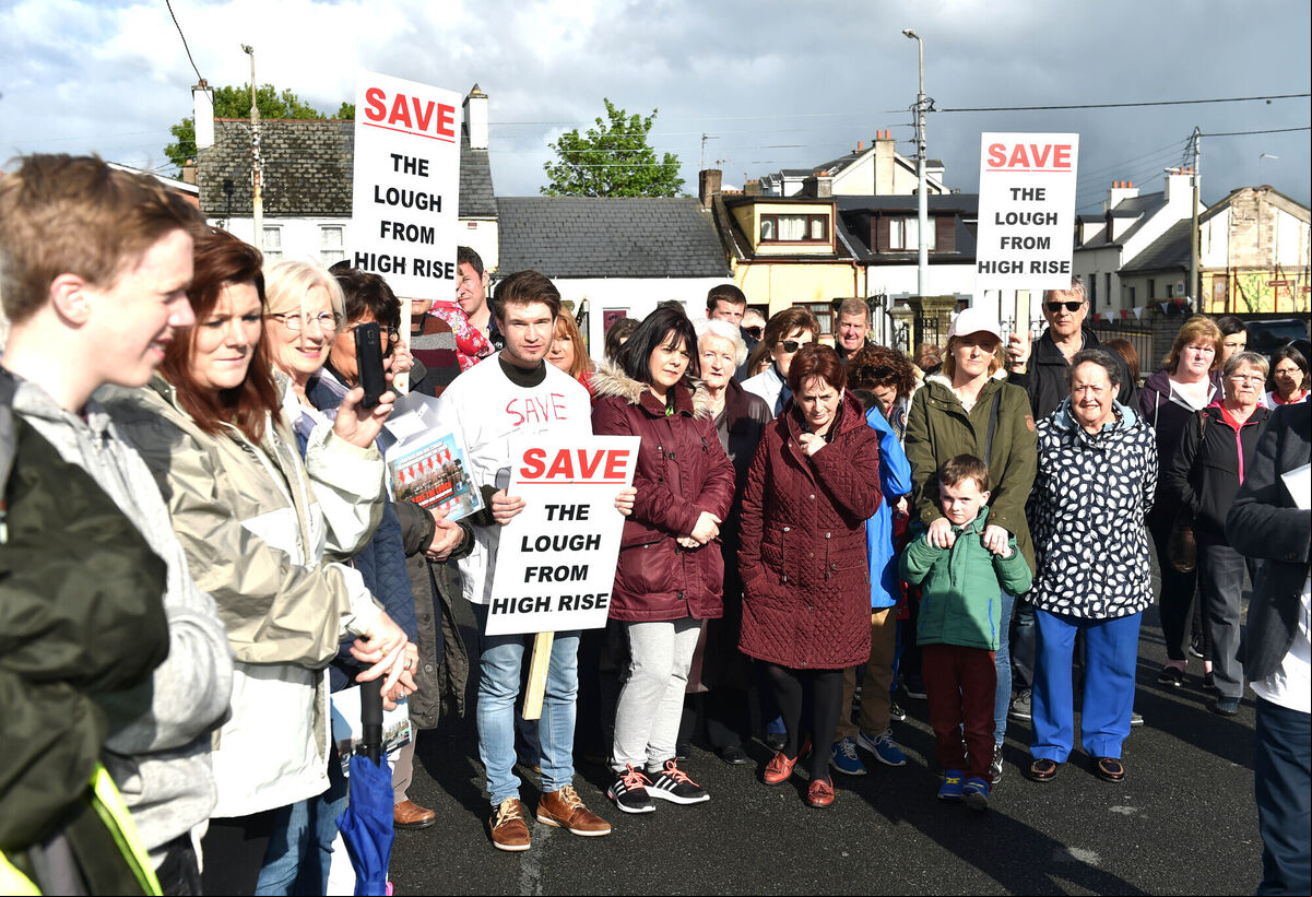 Residents at the proposed Lough high rise building protest on Saturday. Picture: Eddie O’Hare