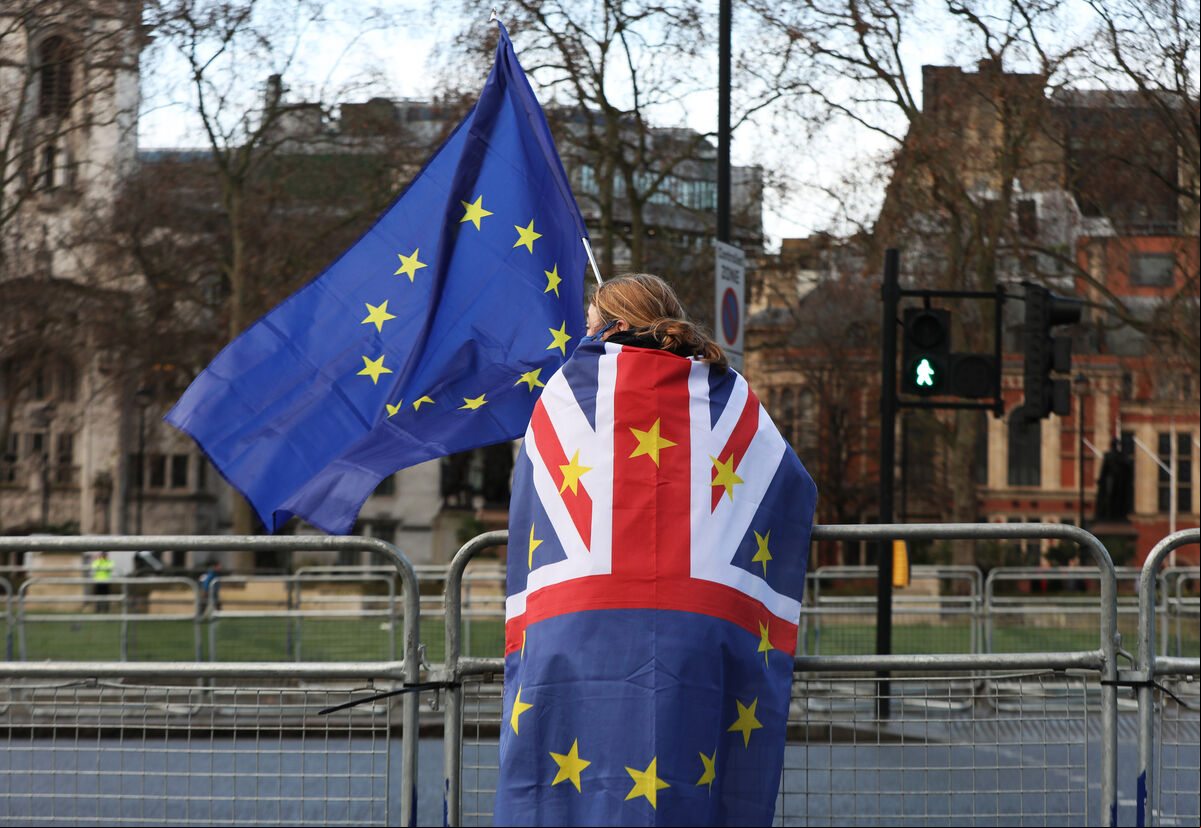 A pro-European Union protester outside the Houses of Parliament in London after Brexit talks were extended on Sunday following a meeting between Boris Johnson and European Commission president Ursula von der Leyen in Brussels. A pro-European Union protester outside the Houses of Parliament in London after Brexit talks were extended on Sunday following a meeting between Boris Johnson and European Commission president Ursula von der Leyen in Brussels.