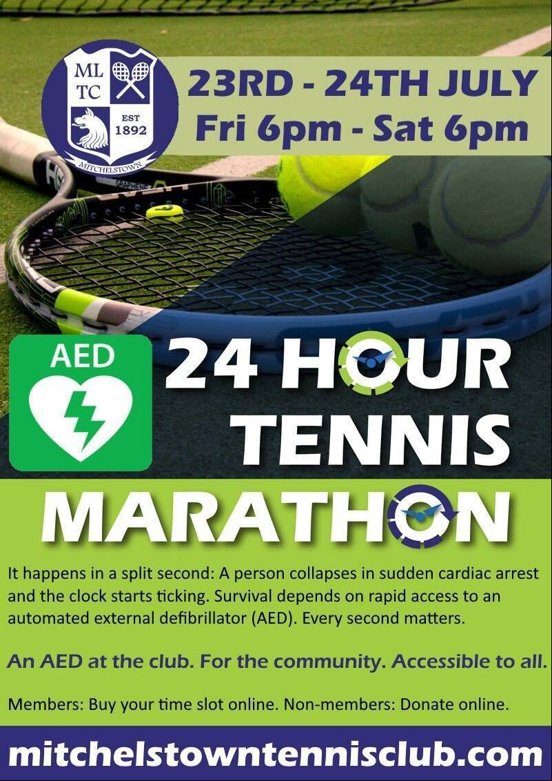 Flyer for Mitchelstown Lawn Tennis Club 24-hour tennis marathon on July 23 and 24, 2020 Flyer for Mitchelstown Lawn Tennis Club 24-hour tennis marathon on July 23 and 24, 2020