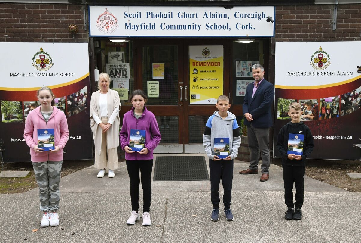 Students (from left) Chloe, Olivia, Keith and Ryan with Kieran Golden, principal, and Kathleen Daly, deputy principal, at Mayfield Community School, Cork. Students (from left) Chloe, Olivia, Keith and Ryan with Kieran Golden, principal, and Kathleen Daly, deputy principal, at Mayfield Community School, Cork.