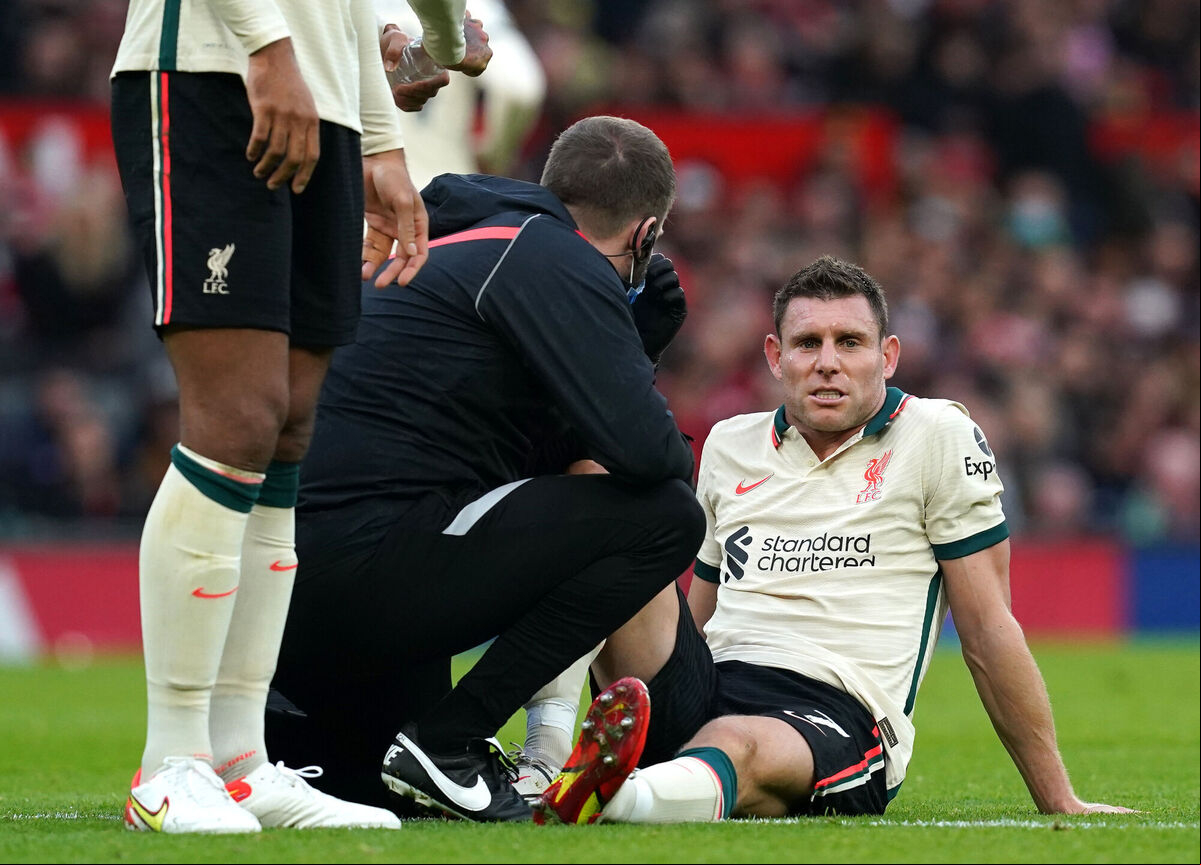 Liverpool's James Milner receives treatment for an injury in the Premier League match at Old Trafford, Manchester. Liverpool have struggled to maintain their starting midfield team due to injuries. Picture: Martin Rickett/PA Wire. Liverpool's James Milner receives treatment for an injury in the Premier League match at Old Trafford, Manchester. Liverpool have struggled to maintain their starting midfield team due to injuries. Picture: Martin Rickett/PA Wire.