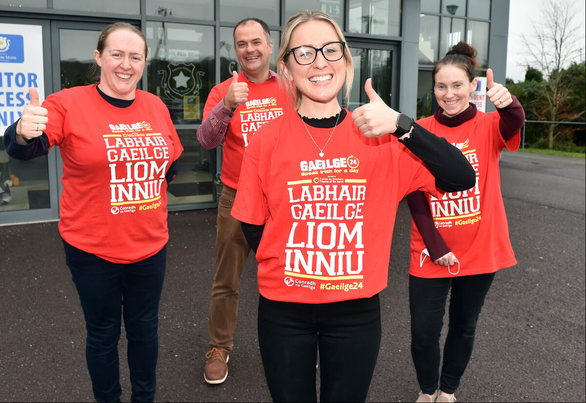 Teachers from Coláiste Muire, Réalt na Mara, from left, Máire Ni Laoi, Kieran Enright, Anna Ní Shúilleabháin, organiser and Helen Ni Uidhir as they take part in Gaeilge24, with the aim is to challenge students to speak Irish for 24 hours. Teachers from Coláiste Muire, Réalt na Mara, from left, Máire Ni Laoi, Kieran Enright, Anna Ní Shúilleabháin, organiser and Helen Ni Uidhir as they take part in Gaeilge24, with the aim is to challenge students to speak Irish for 24 hours.