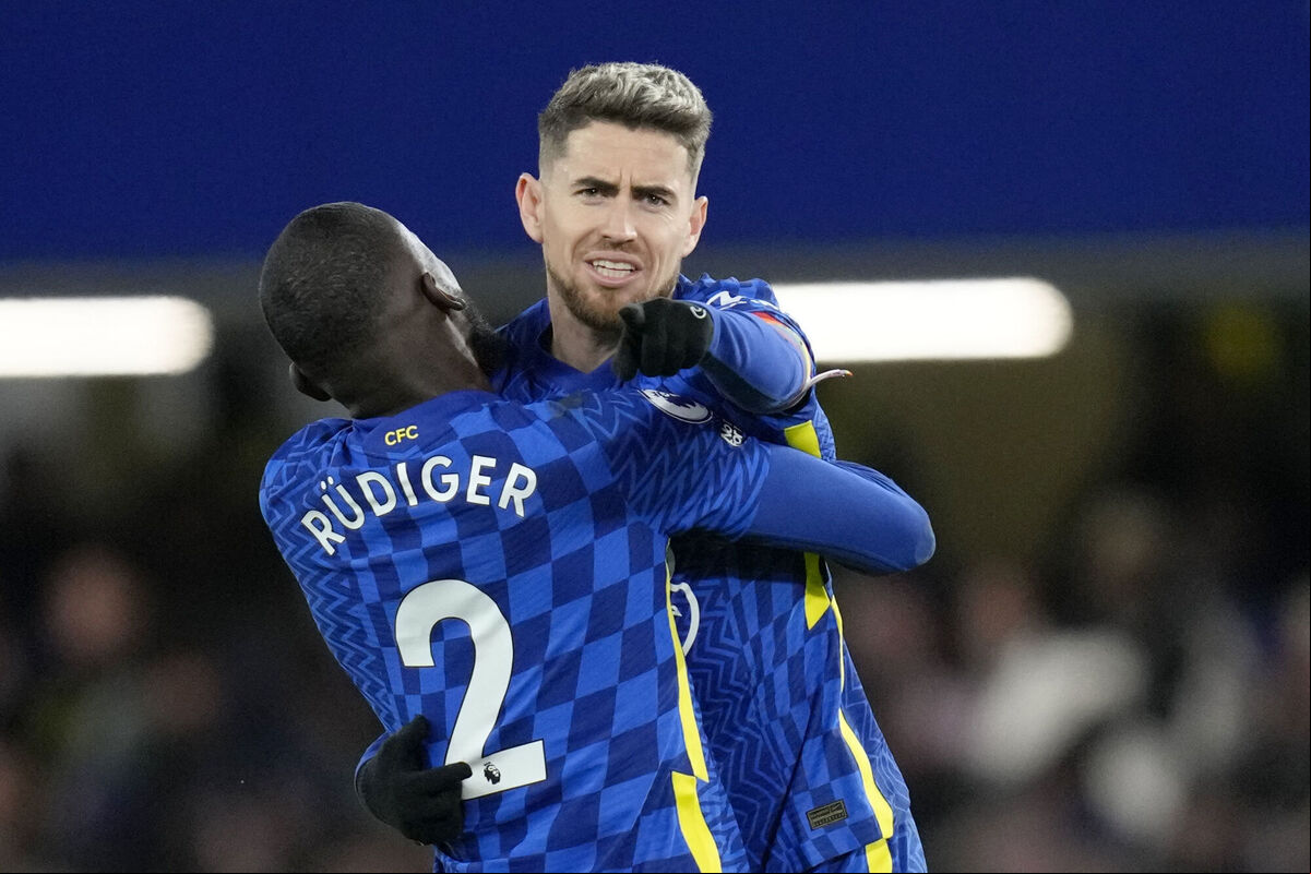 Chelsea's Jorginho celebrates with Antonio Rudiger after scoring his side's goal against Manchester United at Stamford Bridge, London. Picture: AP Photo/Kirsty Wigglesworth Chelsea's Jorginho celebrates with Antonio Rudiger after scoring his side's goal against Manchester United at Stamford Bridge, London. Picture: AP Photo/Kirsty Wigglesworth