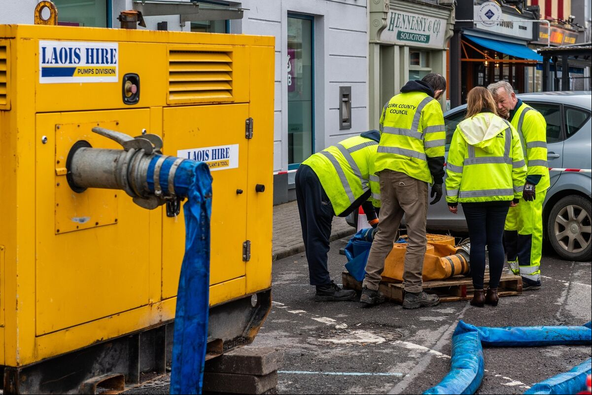 Cork County Council employees were putting out pumps this evening in preparation for Storm Eunice. Picture: Andy Gibson. Cork County Council employees were putting out pumps this evening in preparation for Storm Eunice. Picture: Andy Gibson.