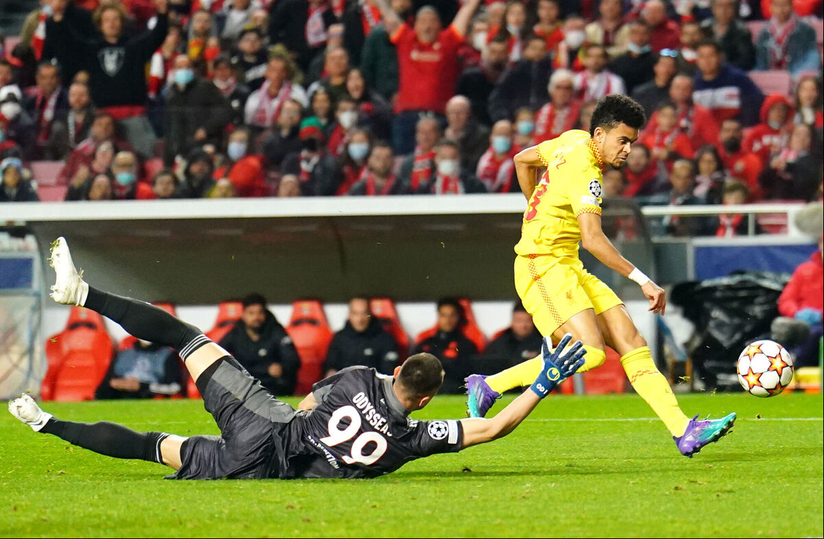Liverpool's Luis Diaz (right) scores their side's third goal of the game during the UEFA Champions League Quarter Final first leg match at the Estadio da Luz, Lisbon. Picture: Adam Davy/PA Wire. Liverpool's Luis Diaz (right) scores their side's third goal of the game during the UEFA Champions League Quarter Final first leg match at the Estadio da Luz, Lisbon. Picture: Adam Davy/PA Wire.