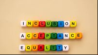 Inclusion, acceptance and equality words made from colorful wooden cubes. Inclusive and tolerance social concept, flat lay.