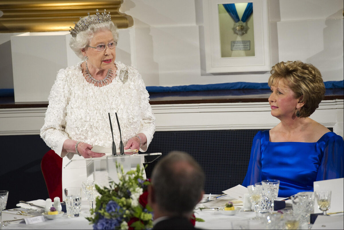 Britain's Queen Elizabeth II delivers her speech watched by Irish President Mary McAleese during a state dinner on the second day of her State Visit to Ireland. Britain's Queen Elizabeth II delivers her speech watched by Irish President Mary McAleese during a state dinner on the second day of her State Visit to Ireland.