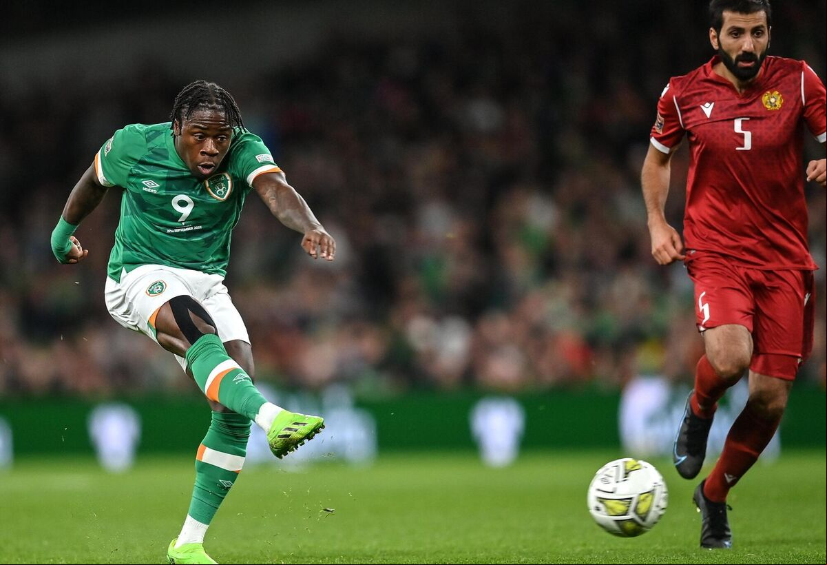 Ireland's Michael Obafemi shoots to score his side's second goal against Armenia during the UEFA Nations League B Group 1 match at Aviva Stadium in Dublin. Picture: Ramsey Cardy/Sportsfile Ireland's Michael Obafemi shoots to score his side's second goal against Armenia during the UEFA Nations League B Group 1 match at Aviva Stadium in Dublin. Picture: Ramsey Cardy/Sportsfile