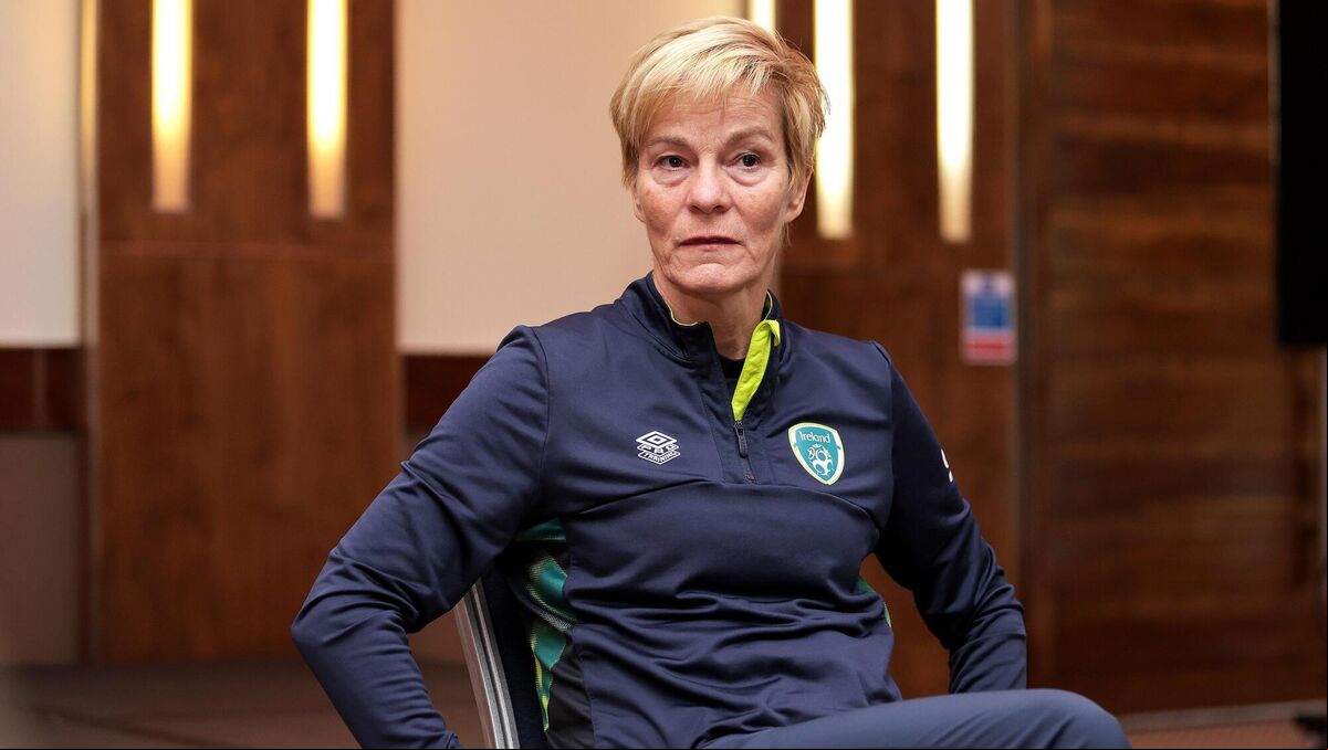 Republic of Ireland manager Vera Pauw speaks to the media about the chant scanda. Picture: NPHO/Laszlo Geczo Republic of Ireland manager Vera Pauw speaks to the media about the chant scanda. Picture: NPHO/Laszlo Geczo