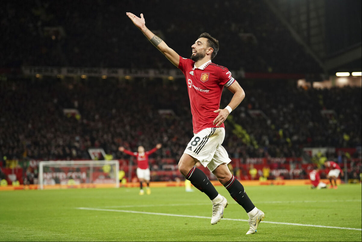 Manchester United's Bruno Fernandes celebrates after scoring his team's second goal during the English Premier League match against Tottenham Hotspur at Old Trafford. Picture: AP Photo/Dave Thompson Manchester United's Bruno Fernandes celebrates after scoring his team's second goal during the English Premier League match against Tottenham Hotspur at Old Trafford. Picture: AP Photo/Dave Thompson