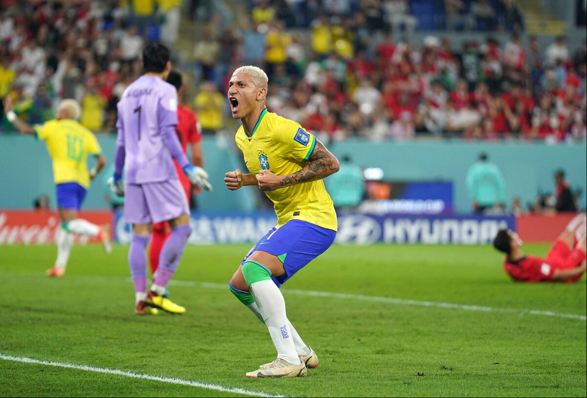 Beautiful game: Brazil's Richarlison celebrates scoring their side's third goal of the game during the FIFA World Cup Round of Sixteen match at Stadium 974 in Doha, Qatar. Picture: Mike Egerton/PA Wire. Beautiful game: Brazil's Richarlison celebrates scoring their side's third goal of the game during the FIFA World Cup Round of Sixteen match at Stadium 974 in Doha, Qatar. Picture: Mike Egerton/PA Wire.