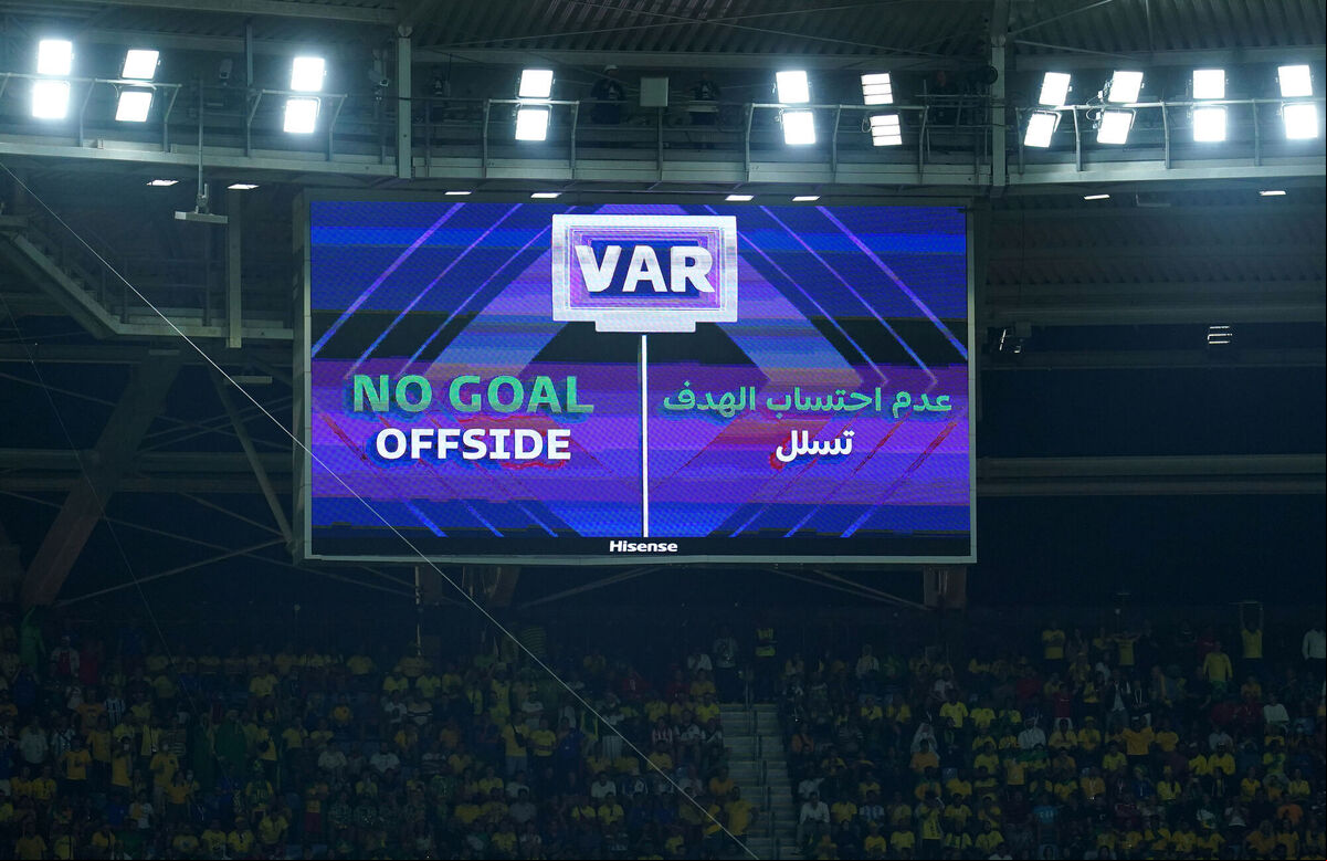 Var the villain: A view of the big screen after a goal for Brazil's Vinicius Junior is ruled out by VAR for offside. Picture: Mike Egerton/PA Wire. Var the villain: A view of the big screen after a goal for Brazil's Vinicius Junior is ruled out by VAR for offside. Picture: Mike Egerton/PA Wire.