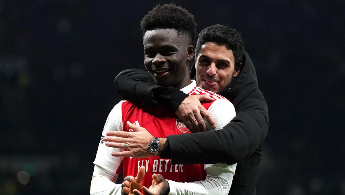 Arsenal's Bukayo Saka celebrates with manager Mikel Arteta. Picture: Nick Potts/PA Wire. Arsenal's Bukayo Saka celebrates with manager Mikel Arteta. Picture: Nick Potts/PA Wire.