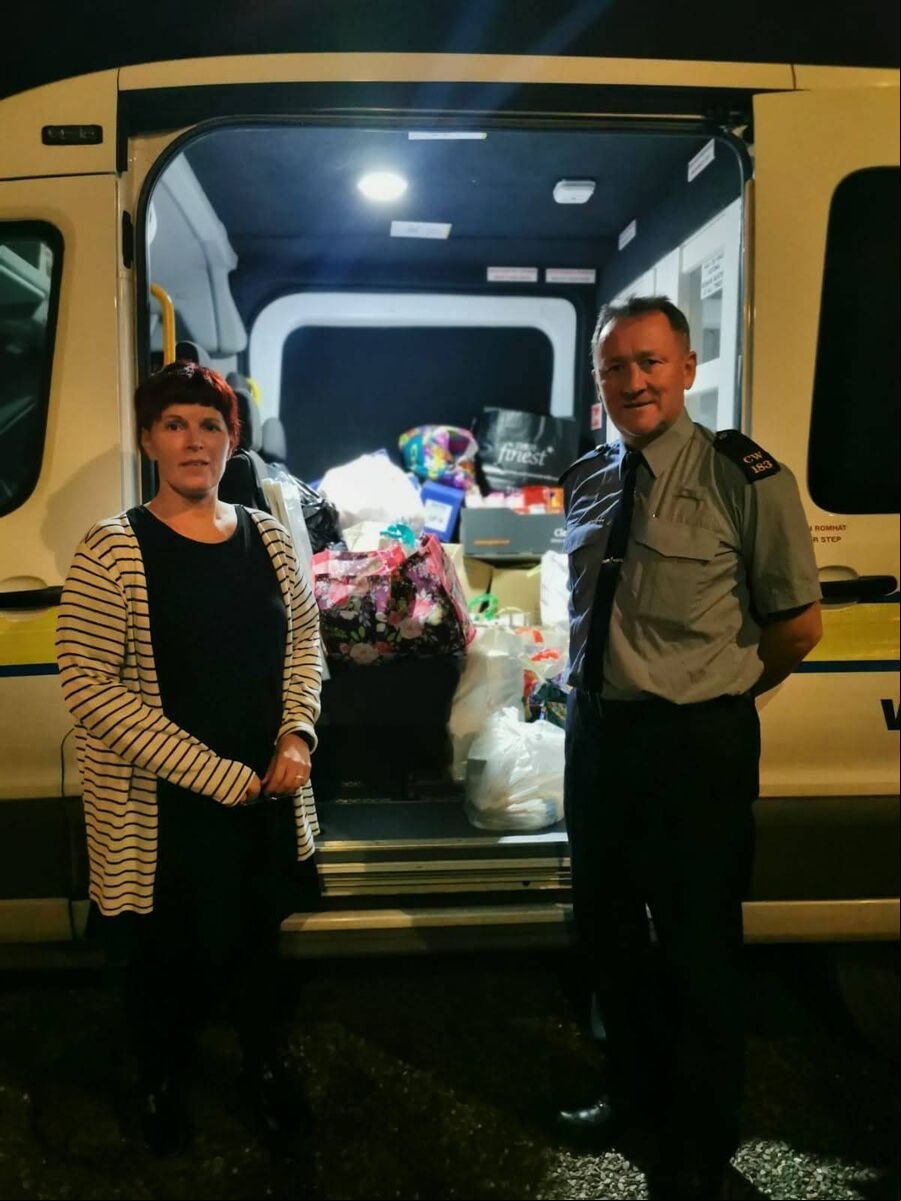 Sinéad Crowley (left) with Community Garda, Liam Ryan Delivery to Penny Dinners Sinéad Crowley (left) with Community Garda, Liam Ryan Delivery to Penny Dinners
