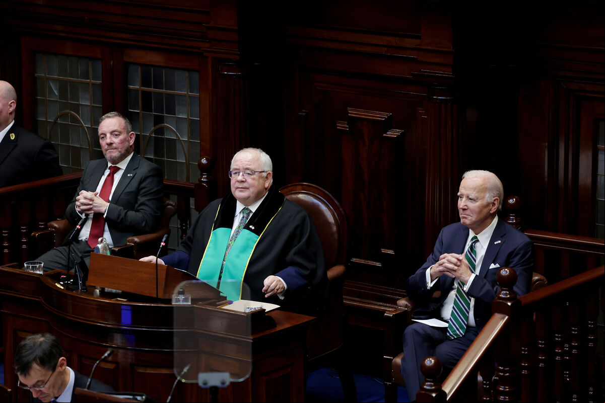 Jerry Buttimer, Cathaoirleach of Seanad Éireann, Seán Ó Fearghaíl, Ceann Comhairle of Dáil Éireann, US President Joe Biden in the Dáil Chamber at Leinster House for a t address to the Houses of the Oireachtas. Jerry Buttimer, Cathaoirleach of Seanad Éireann, Seán Ó Fearghaíl, Ceann Comhairle of Dáil Éireann, US President Joe Biden in the Dáil Chamber at Leinster House for a t address to the Houses of the Oireachtas.