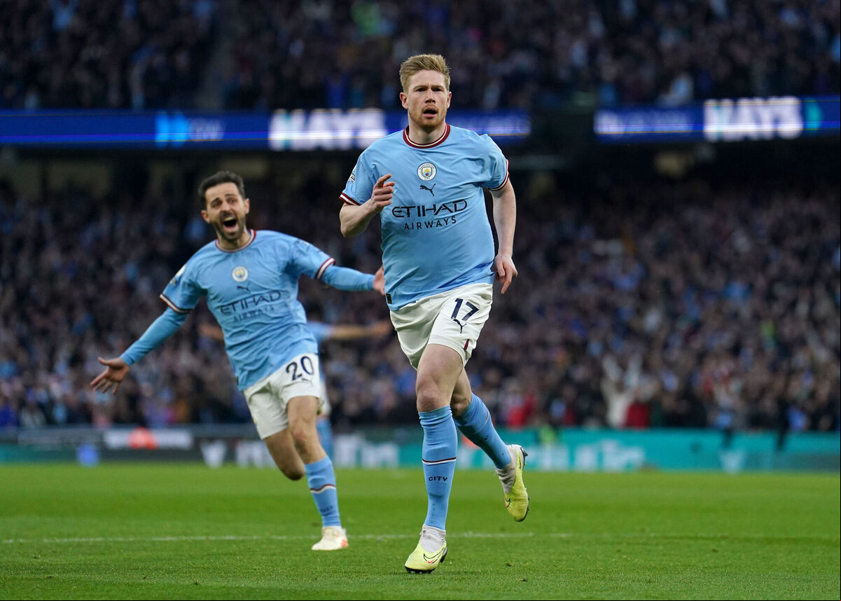 Manchester City's Kevin De Bruyne celebrates scoring their side's first goal of the game during the Premier League match against Arsenal at the Etihad Stadium, Manchester. Picture: Martin Rickett/PA Wire Manchester City's Kevin De Bruyne celebrates scoring their side's first goal of the game during the Premier League match against Arsenal at the Etihad Stadium, Manchester. Picture: Martin Rickett/PA Wire