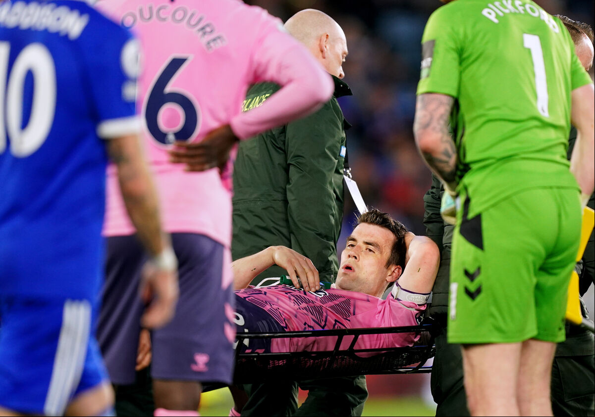 Everton's Irish international Seamus Coleman leaves the pitch on a stretcher after becoming injured during the Premier League match against Leicester at the King Power Stadium, Leicester. Everton's Irish international Seamus Coleman leaves the pitch on a stretcher after becoming injured during the Premier League match against Leicester at the King Power Stadium, Leicester.