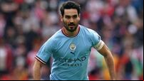 Ilkay Gundogan holds his hands up after penalty miss in City’s win over Leeds