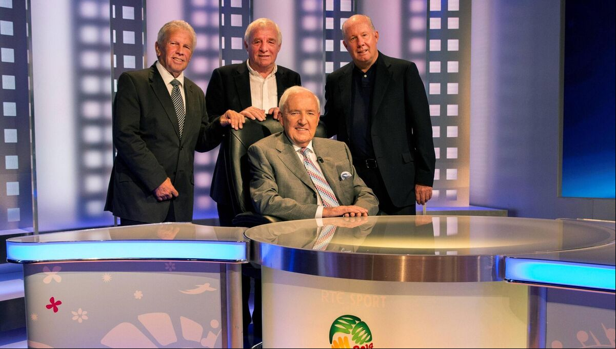 Bill O'Herlihy (seated) with John Giles, Eamon Dunphy and Liam Brady ahead of the FIFA 2014 World Cup Final as O'Herlihy prepares for his final broadcast for RTE Television. Picture: INPHO/Steve Langan Bill O'Herlihy (seated) with John Giles, Eamon Dunphy and Liam Brady ahead of the FIFA 2014 World Cup Final as O'Herlihy prepares for his final broadcast for RTE Television. Picture: INPHO/Steve Langan