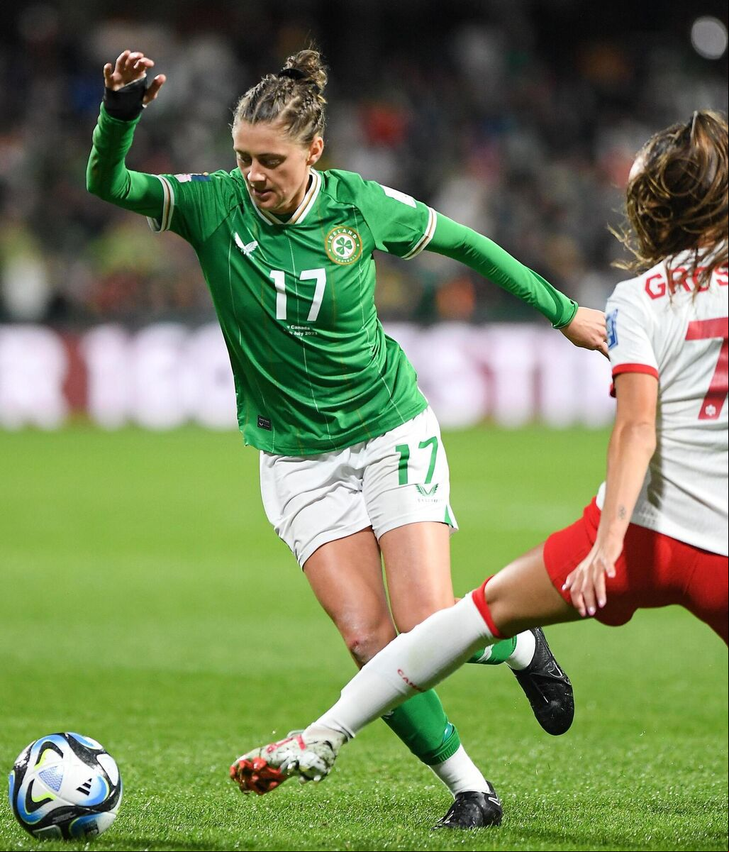 Ireland's Sinead Farrelly gets past Julia Grosso of Canada during their FIFA Women's World Cup 2023 Group B match at Perth Rectangular Stadium in Australia. Picture: Mick O'Shea/Sportsfile Ireland's Sinead Farrelly gets past Julia Grosso of Canada during their FIFA Women's World Cup 2023 Group B match at Perth Rectangular Stadium in Australia. Picture: Mick O'Shea/Sportsfile