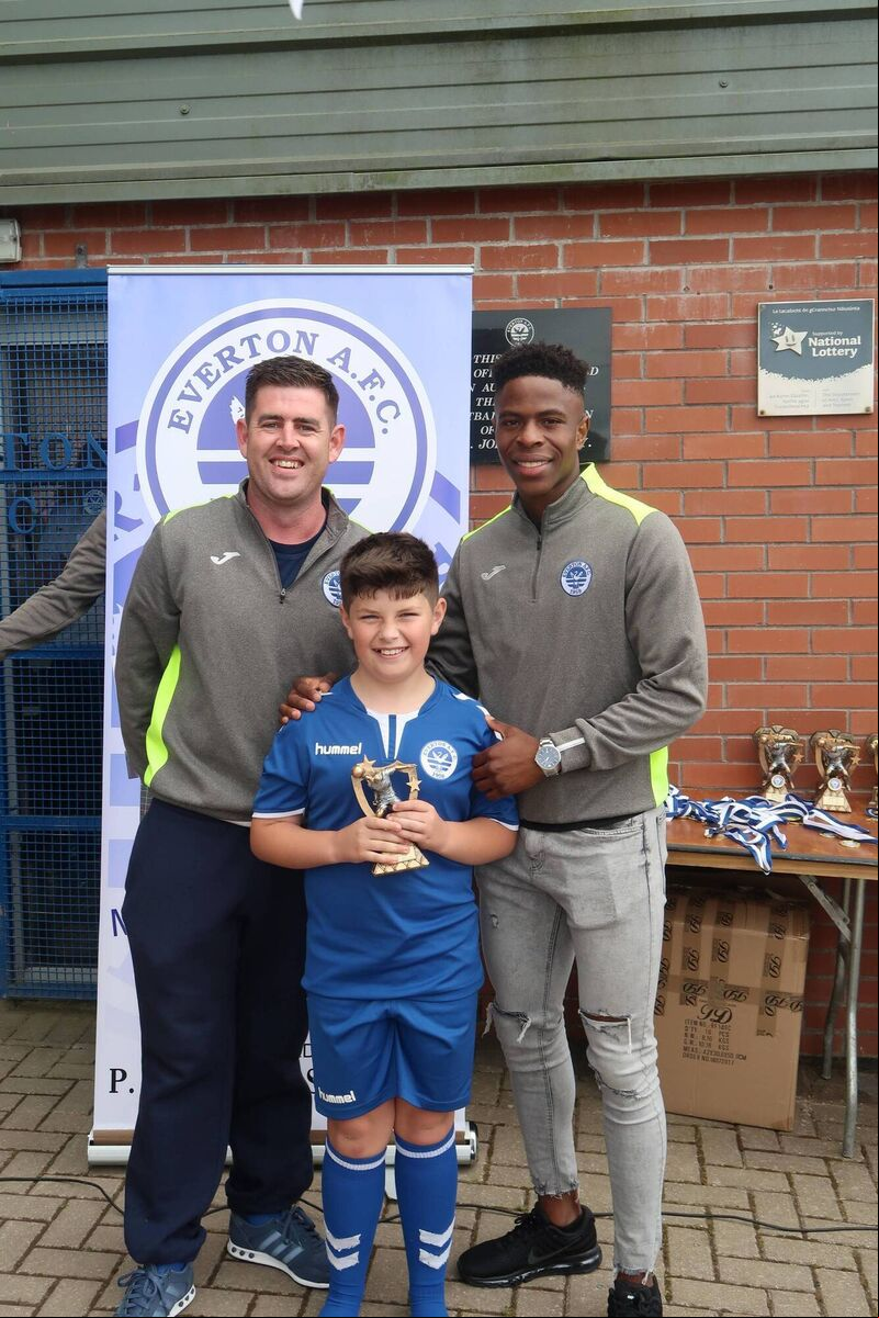 Ryan Gahan shows off the Everton U11 Player of the Year award, with manager Keith Gahan and former Everton youth player Chiedozie Ogbene. Ryan Gahan shows off the Everton U11 Player of the Year award, with manager Keith Gahan and former Everton youth player Chiedozie Ogbene.