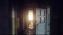Dirty empty dark corridor in abandoned building, doors, light in the end, perspective, way to freedom