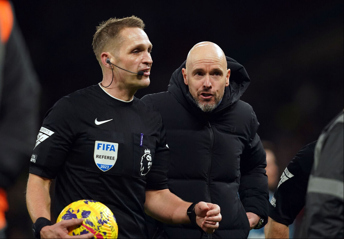 Manchester United manager Erik ten Hag has words with referee Craig Pawson after the Premier League match against Aston Villa at Old Trafford, Manchester. Picture: Martin Rickett/PA Wire Manchester United manager Erik ten Hag has words with referee Craig Pawson after the Premier League match against Aston Villa at Old Trafford, Manchester. Picture: Martin Rickett/PA Wire