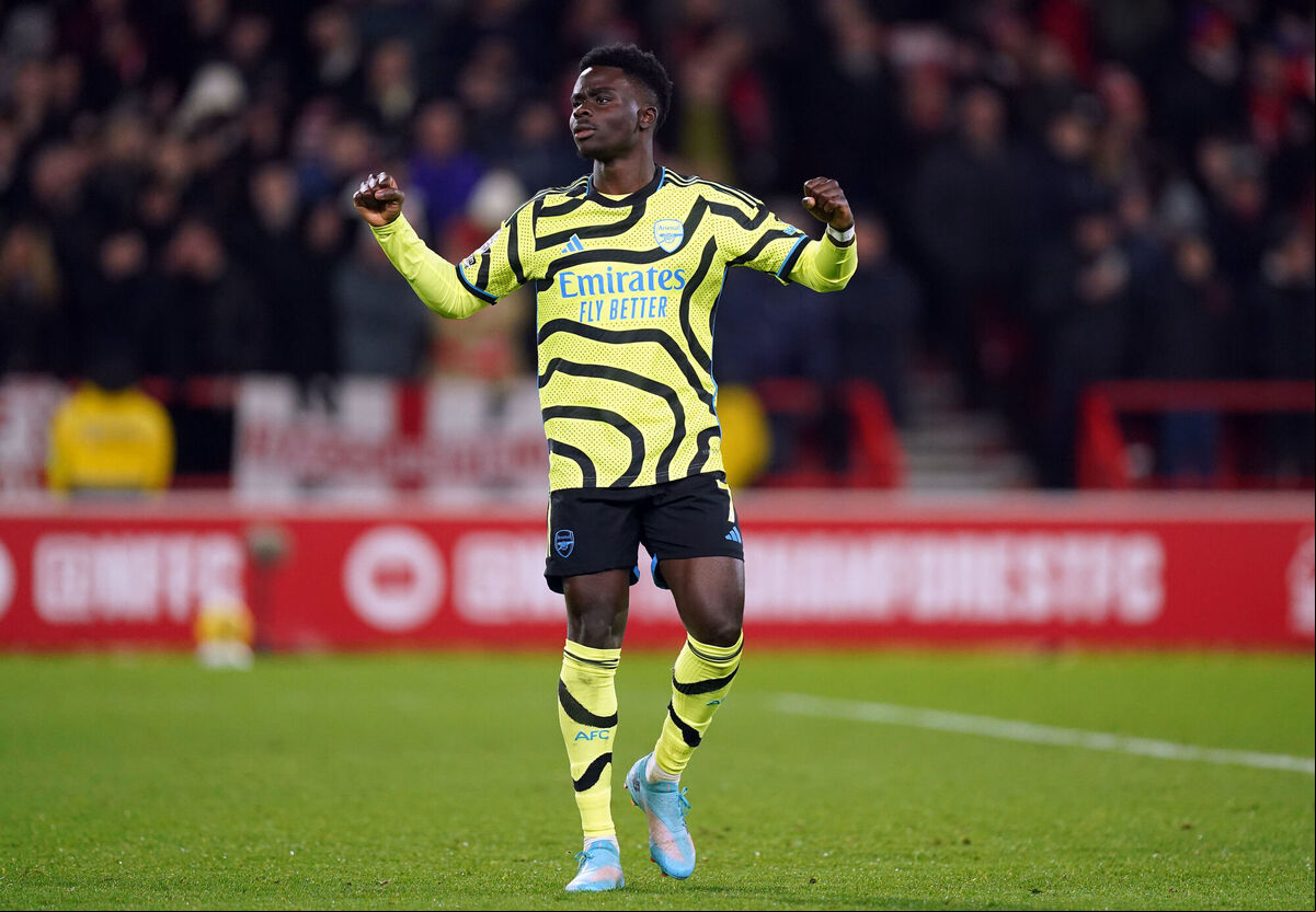 Arsenal's Bukayo Saka celebrates scoring his sides second goal during the Premier League match at the City Ground, Nottingham. Picture: Mike Egerton/PA Wire. Arsenal's Bukayo Saka celebrates scoring his sides second goal during the Premier League match at the City Ground, Nottingham. Picture: Mike Egerton/PA Wire.