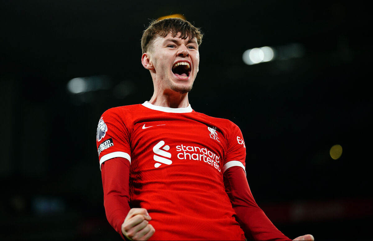 Liverpool's Conor Bradley celebrates after assisting their side's third goal of the game scored by Dominik Szoboszlai during the Premier League match at Anfield, Liverpool. Liverpool's Conor Bradley celebrates after assisting their side's third goal of the game scored by Dominik Szoboszlai during the Premier League match at Anfield, Liverpool.