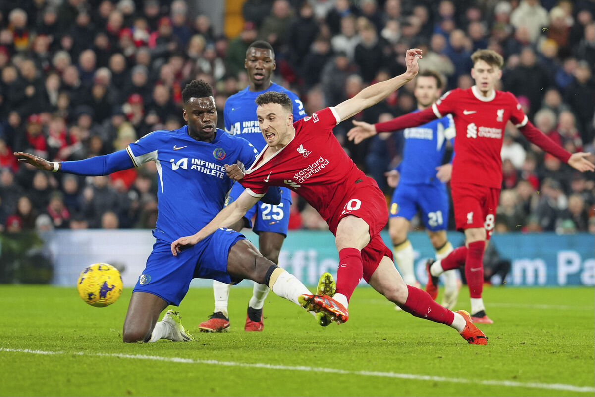 Liverpool's Diogo Jota scores his side's first goal during the English Premier League soccer match between Liverpool and Chelsea, at Anfield Stadium, Liverpool, Picture:AP Photo/Jon Super Liverpool's Diogo Jota scores his side's first goal during the English Premier League soccer match between Liverpool and Chelsea, at Anfield Stadium, Liverpool, Picture:AP Photo/Jon Super