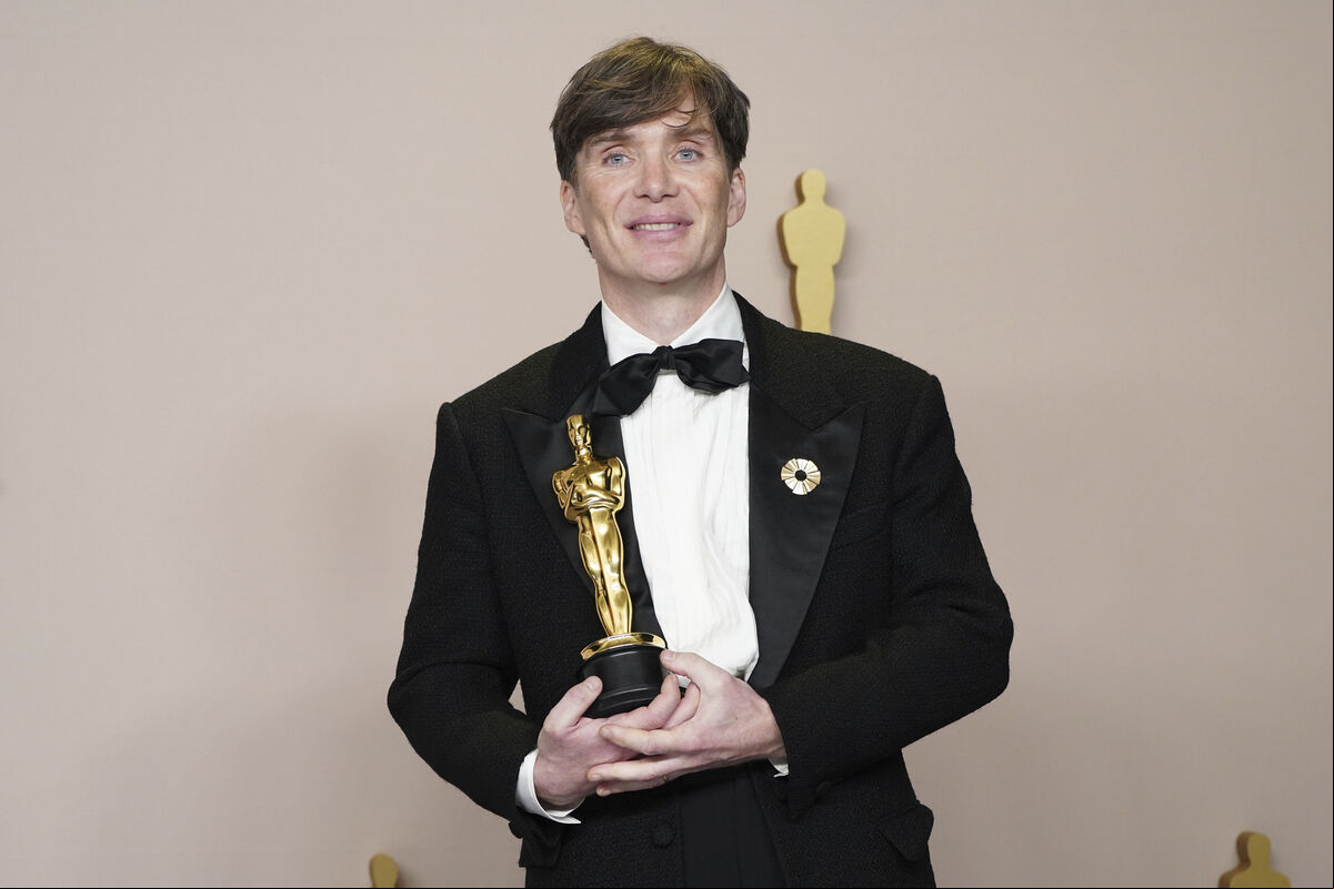 Cillian Murphy poses in the press room with the award for best performance by an actor in a leading role for "Oppenheimer" at the Oscars. Picture: Jordan Strauss/Invision/AP.