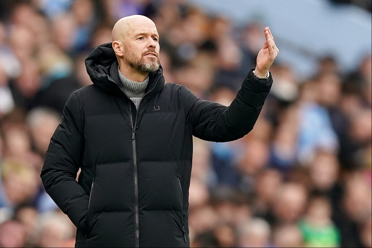 Manchester United manager Erik ten Hag gestures on the touchline during the Premier League match at the Etihad Stadium, Manchester. Manchester United manager Erik ten Hag gestures on the touchline during the Premier League match at the Etihad Stadium, Manchester.