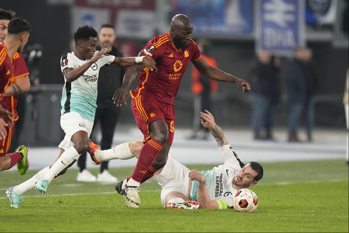 Roma's Romelu Lukaku, centre, in Europa League action against Brighton and Hove Albion, at Rome's Olympic Stadium, Thursday, March 7, 2024. Picture: AP Photo/Alessandra Tarantino Roma's Romelu Lukaku, centre, in Europa League action against Brighton and Hove Albion, at Rome's Olympic Stadium, Thursday, March 7, 2024. Picture: AP Photo/Alessandra Tarantino