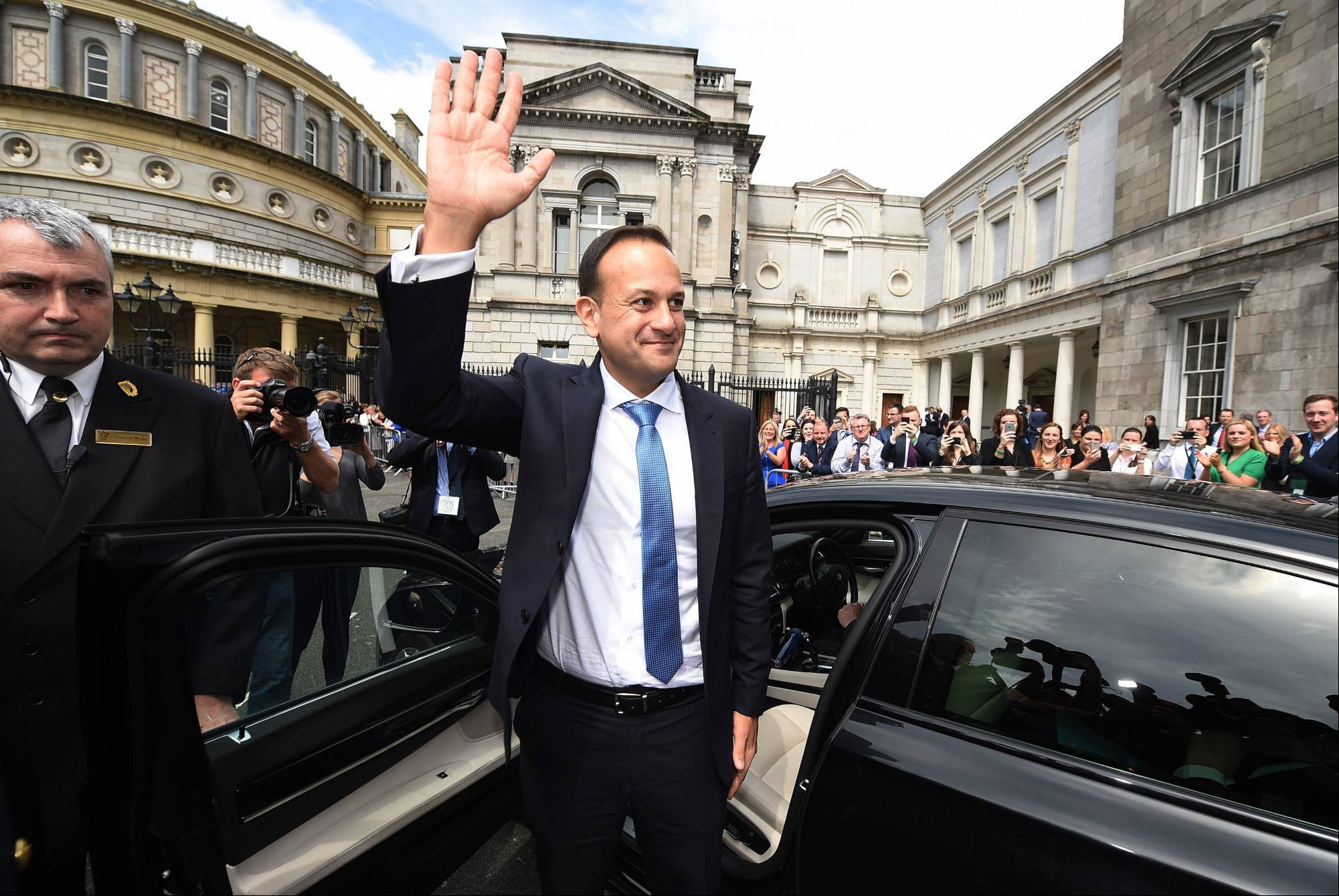 New Irish Taoiseach Leo Varadkar waves to TDs and well wishers at Leinster House after being elected as Taoiseach on June 14, 2017 in Dublin, Ireland. A vote in the Dail confirmed Mr Varadkar as Ireland's youngest Taoiseach at the age of 38 and also its first gay leader. Mr Varadkar replaces Enda Kenny as both Fine Gael leader and outgoing Taoiseach after Mr Kenny stepped down. June, 2017.