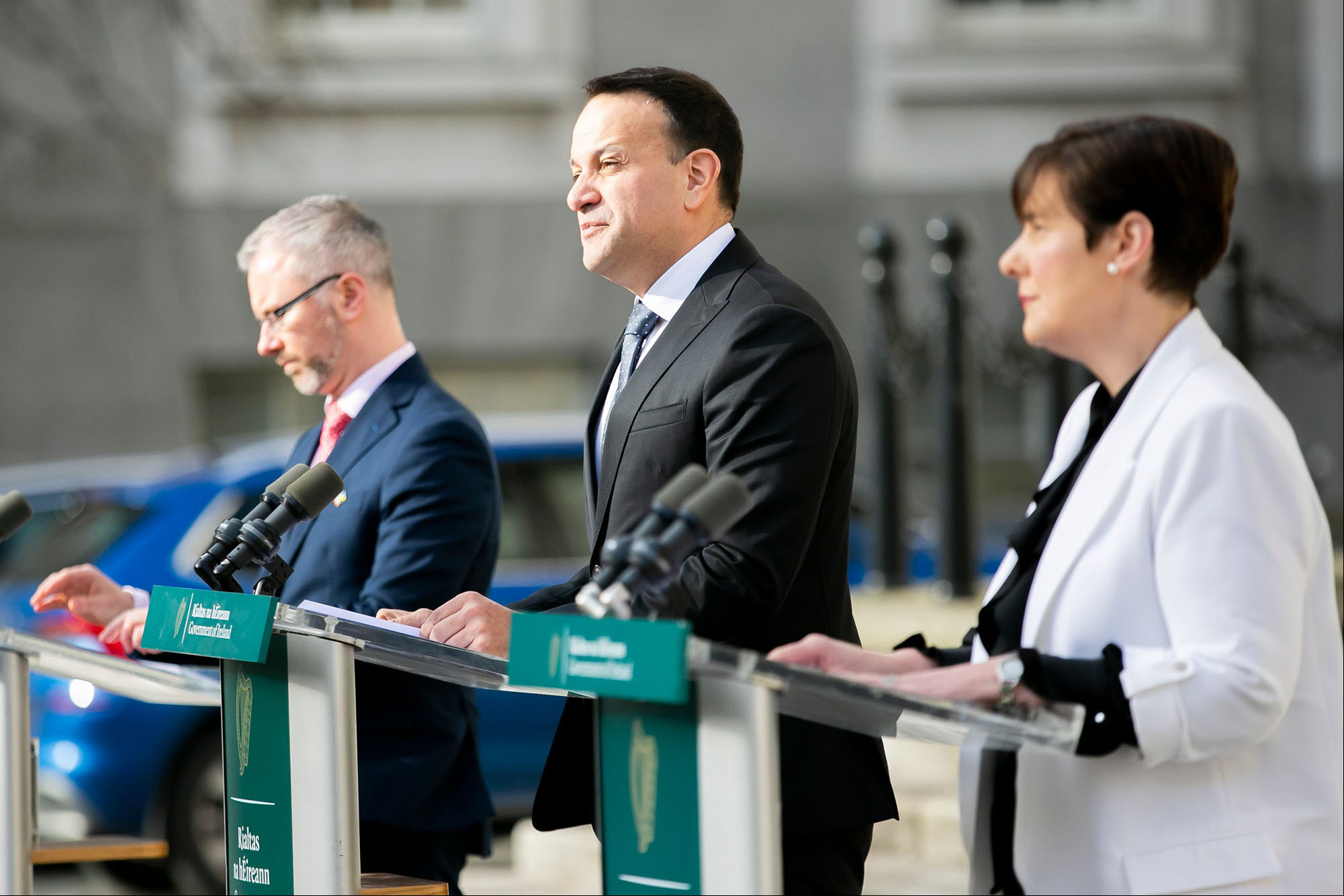 Minister for Children Roderic O Gorman TD Taoiseach Leo Varadkar TD Minister for Education Norma Foley TD during a press briefing at Government Buildings , Dublin. March, 2023.