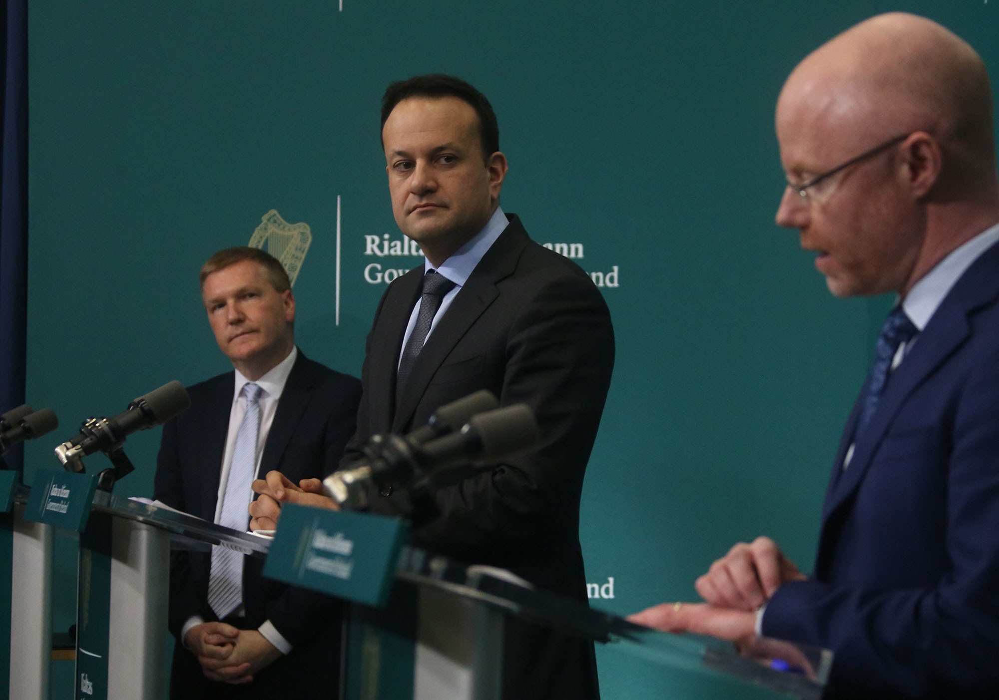 Minister for Public Expenditure & Reform Michael McGrath Tanaiste Leo Varadkar, and Minister for Health Stephen Donnelly at the Press Centre at Government Buildings Dublin this afternoon. January, 2022.