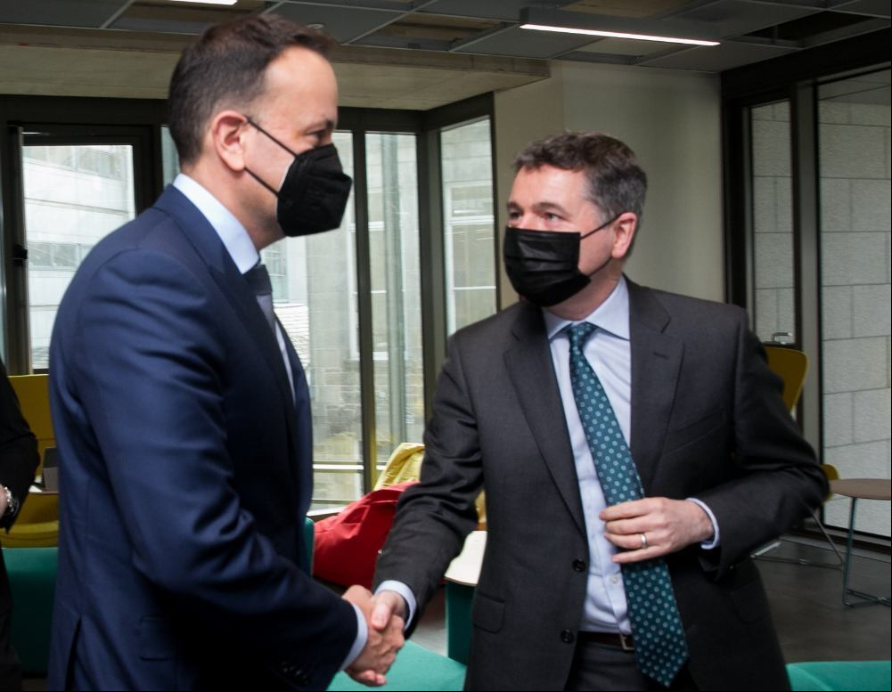 Tanaiste and Minister for Enterprise Trade and Employment Leo Varadkar TD and Minister for Finance Paschal Donohoe TD launch new Fund for Irish Start-ups at Trinity Business School, Pearse St Dublin. February, 2022.