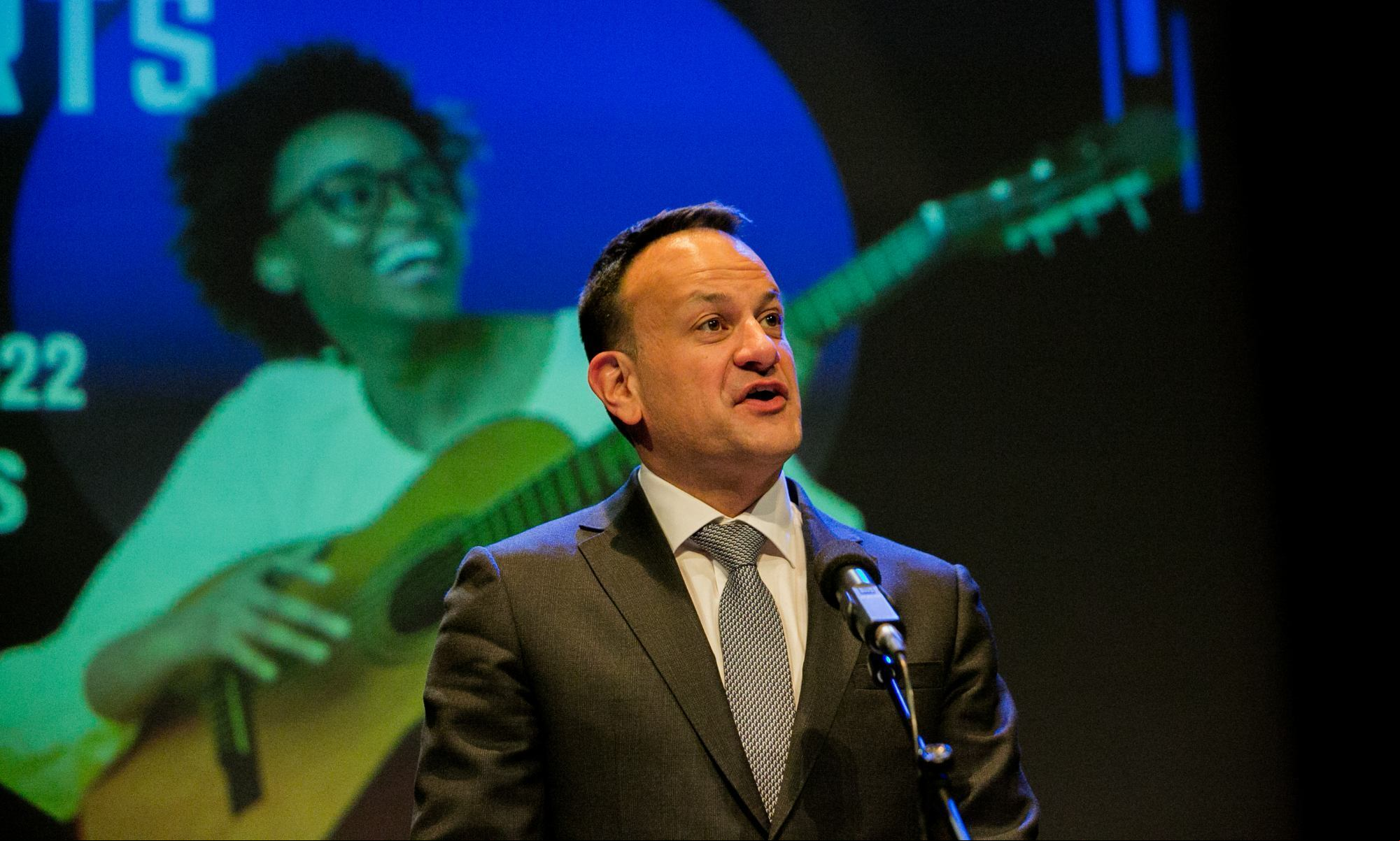 Tanaiste Leo Varadkar TD during the launch of the at Basic Income for the Arts pilot scheme launch at Project Arts Centre, Dublin. April, 2022.