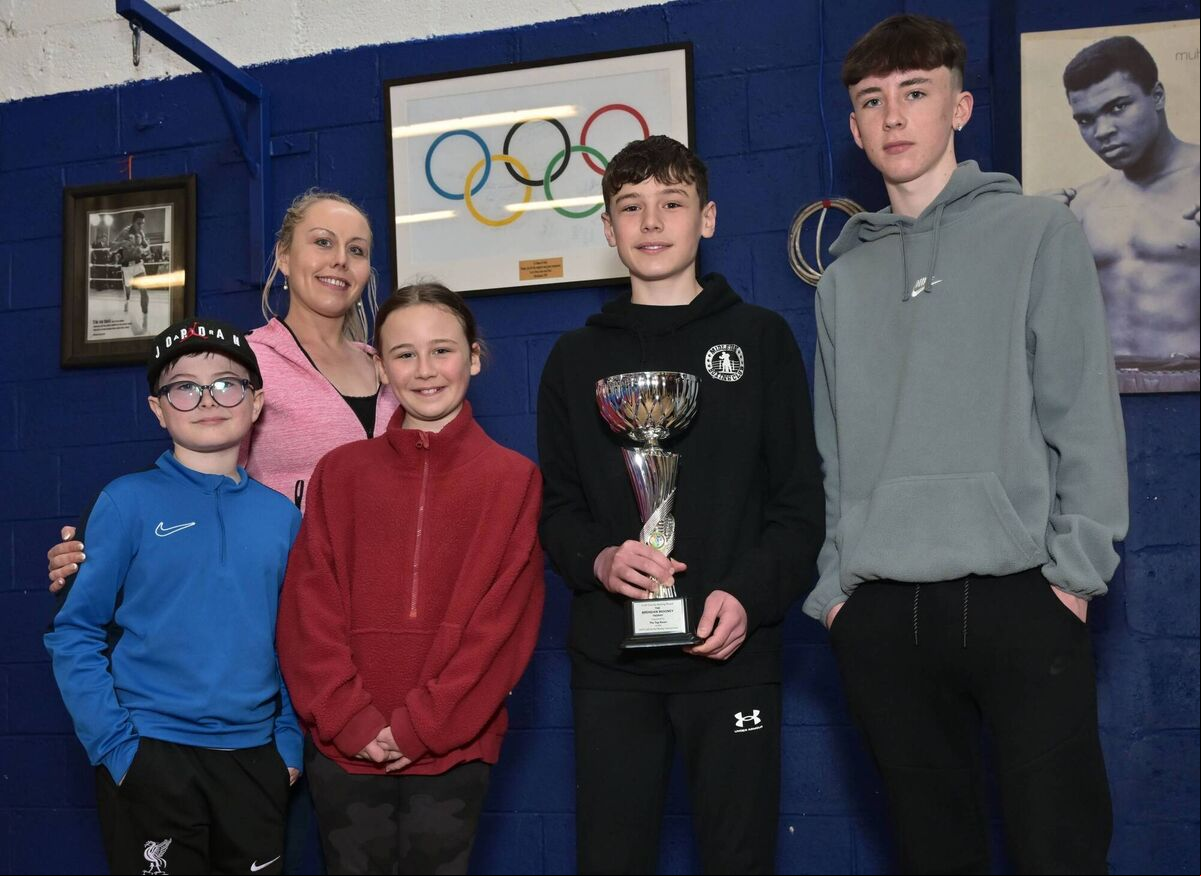 of the late Brendan Mooneys family pictured at Golden Gloves / Cork County Boxing Board Senior Tournament for the inaugural presentation of the Top Boxer trophy named in his honour. Pictured are Brenda Mooney, Parker Mooney, Brendan Murphy and Scott and Sophia Lavin. Picture: Doug Minihane of the late Brendan Mooneys family pictured at Golden Gloves / Cork County Boxing Board Senior Tournament for the inaugural presentation of the Top Boxer trophy named in his honour. Pictured are Brenda Mooney, Parker Mooney, Brendan Murphy and Scott and Sophia Lavin. Picture: Doug Minihane