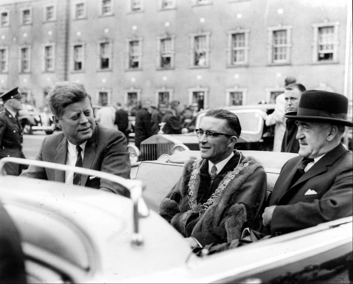 President John F Kennedy pictured at Collins Barracks, Cork with Lord Mayor Seán Casey and Frank Aiken during his Irish visit in 1963. President John F Kennedy pictured at Collins Barracks, Cork with Lord Mayor Seán Casey and Frank Aiken during his Irish visit in 1963.
