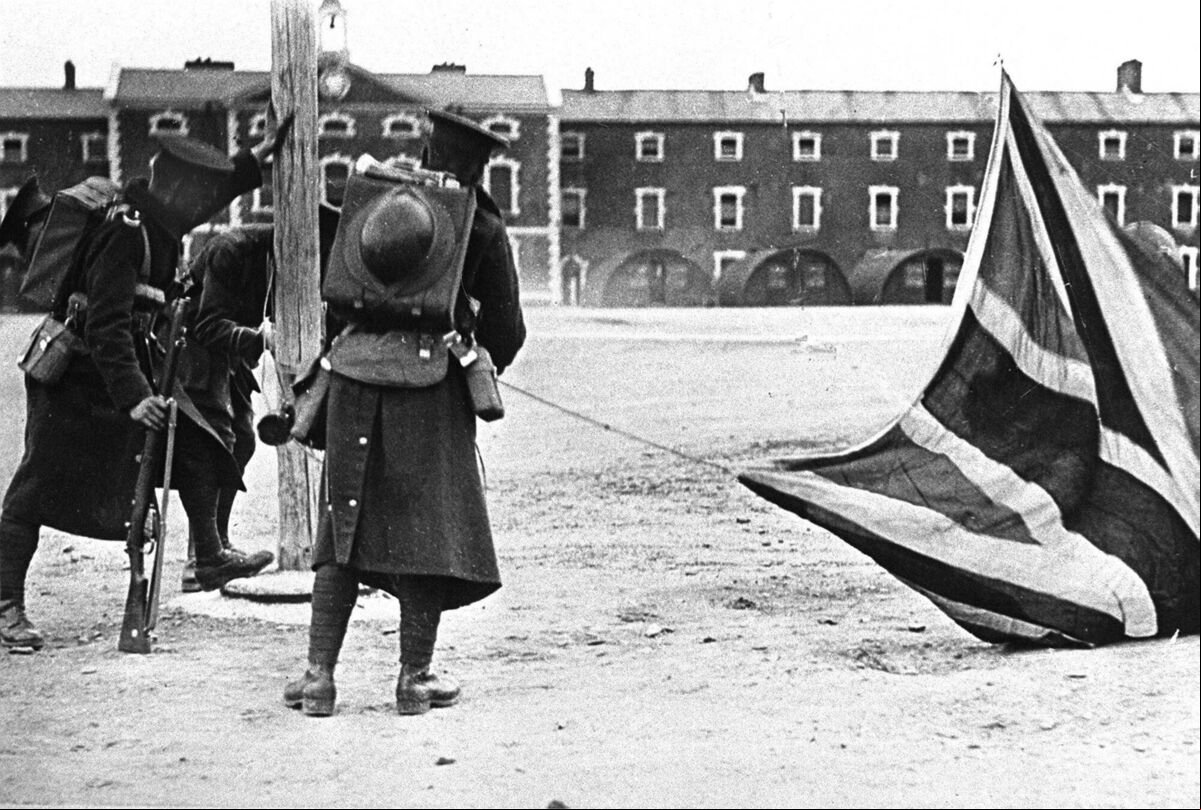 The lowering of the Union Jack at Victoria Barracks (now Collins Barracks) in Cork. The lowering of the Union Jack at Victoria Barracks (now Collins Barracks) in Cork.