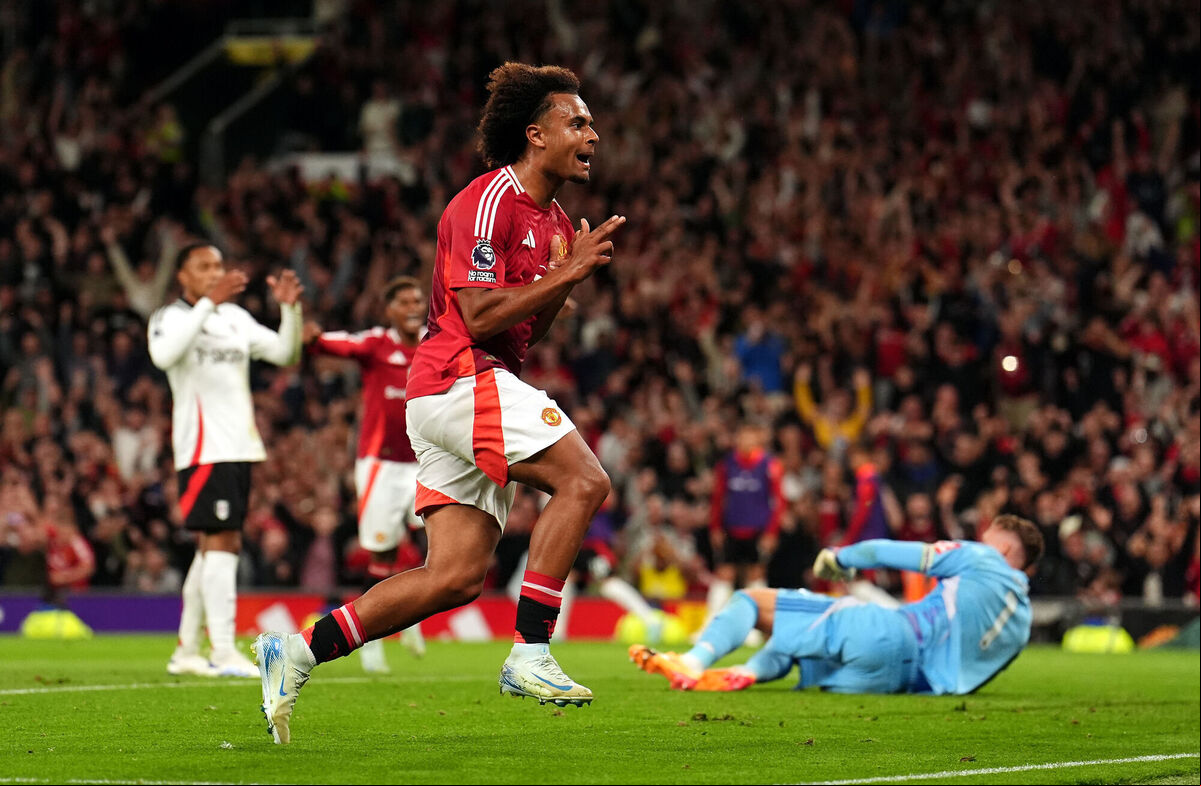 Manchester United's Joshua Zirkzee celebrates scoring their side's winning goal during the Premier League match at Old Trafford, Manchester. Picture: Martin Rickett/PA Wire. Manchester United's Joshua Zirkzee celebrates scoring their side's winning goal during the Premier League match at Old Trafford, Manchester. Picture: Martin Rickett/PA Wire.