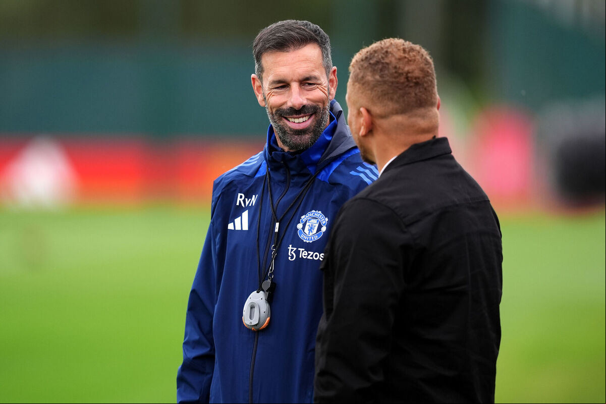 Manchester United assistant coach Ruud van Nistelrooy (left) and Wes Brown during a training session at the Carrington Training Complex, Manchester. Picture: Martin Rickett/PA Wire. Manchester United assistant coach Ruud van Nistelrooy (left) and Wes Brown during a training session at the Carrington Training Complex, Manchester. Picture: Martin Rickett/PA Wire.