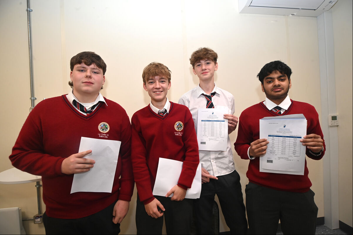 Shane McSweeney, Waldi Kazmierczak, Jayden Doyle, and Leonard KJ with their Junior Certificate results at Le Chléile Secondary School, Ballincollig. They were among the 27 who were the first pupils to complete the exam at the school. Picture: Larry Cummins. Shane McSweeney, Waldi Kazmierczak, Jayden Doyle, and Leonard KJ with their Junior Certificate results at Le Chléile Secondary School, Ballincollig. They were among the 27 who were the first pupils to complete the exam at the school. Picture: Larry Cummins.