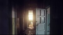 Dirty empty dark corridor in abandoned building, doors, light in the end, perspective, way to freedom