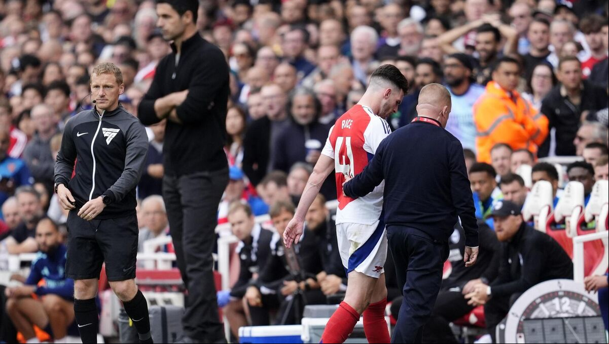 Arsenal's Declan Rice (right) leaves the field after being shown a red card during the Premier League match against Brighton at the Emirates Stadium, London last month. Picture: Nick Potts/PA Wire. Arsenal's Declan Rice (right) leaves the field after being shown a red card during the Premier League match against Brighton at the Emirates Stadium, London last month. Picture: Nick Potts/PA Wire.