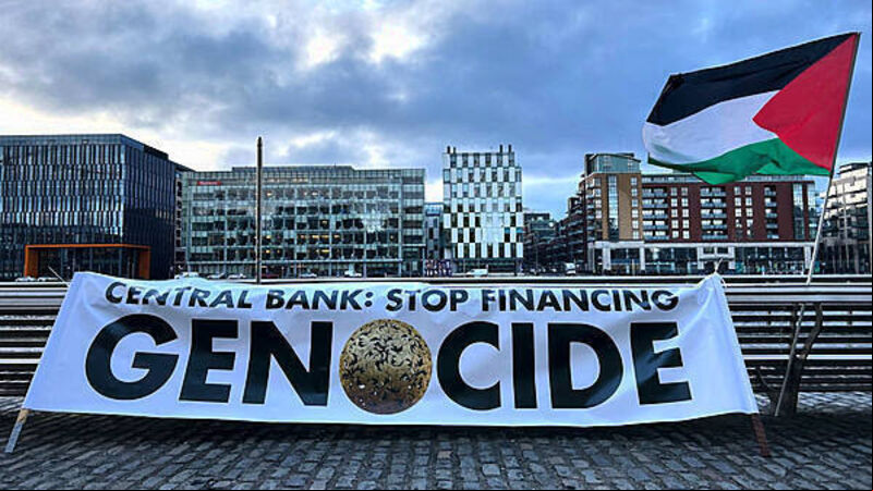 Protesters target Central Bank over sale of Israel Bonds in EU Protesters target Central Bank over sale of Israel Bonds in EU