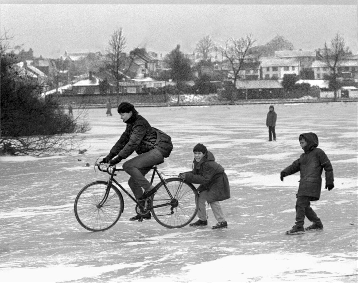 Noel Tynan cycling on the frozen Lough in 1987. Noel Tynan cycling on the frozen Lough in 1987.